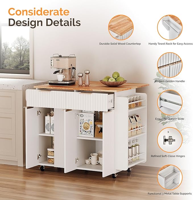 VINGLI Fluted Kitchen Island Cart on Wheels with 2 Drawers & 4 Doors, Adjustable Shelves, Towel Rack & Safety Bar Storage, Small Portable Rolling Kitchen Island, White
