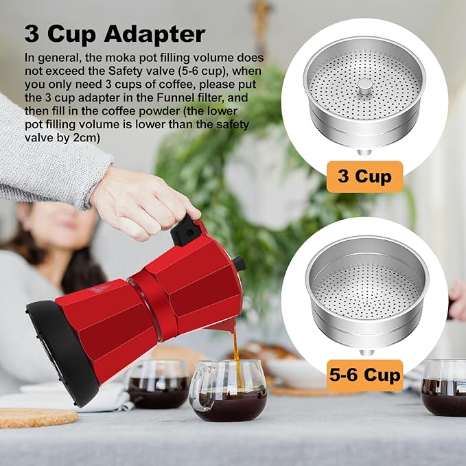Vaolvpant Electric Aluminum Moka Pot 5-6 Cup 270ml Espresso Maker with Detachable Base Ideal Coffee Makers for Home MochaPot Italian and Cuban Café Coffeemaker Espressomaker CoffeePot Red