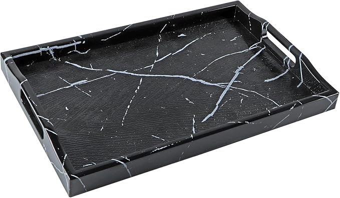 MDLUU Plastic Serving Tray, Ottoman Tray with Cutout Handles, Rectangle Butler Tray for Breakfast in Bed, Coffee Table Decor, Party (Marble)