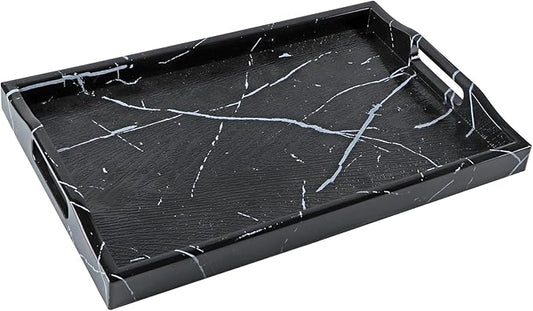 MDLUU Plastic Serving Tray, Ottoman Tray with Cutout Handles, Rectangle Butler Tray for Breakfast in Bed, Coffee Table Decor, Party (Marble)