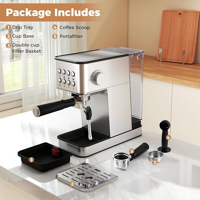 COSTWAY Espresso Machine 20 Bar, Compact Stainless Steel Coffee Maker with Milk Frother, 57OZ Removable Water Tank and Hot Water Function for Late, Cappuccino and Cold Brew