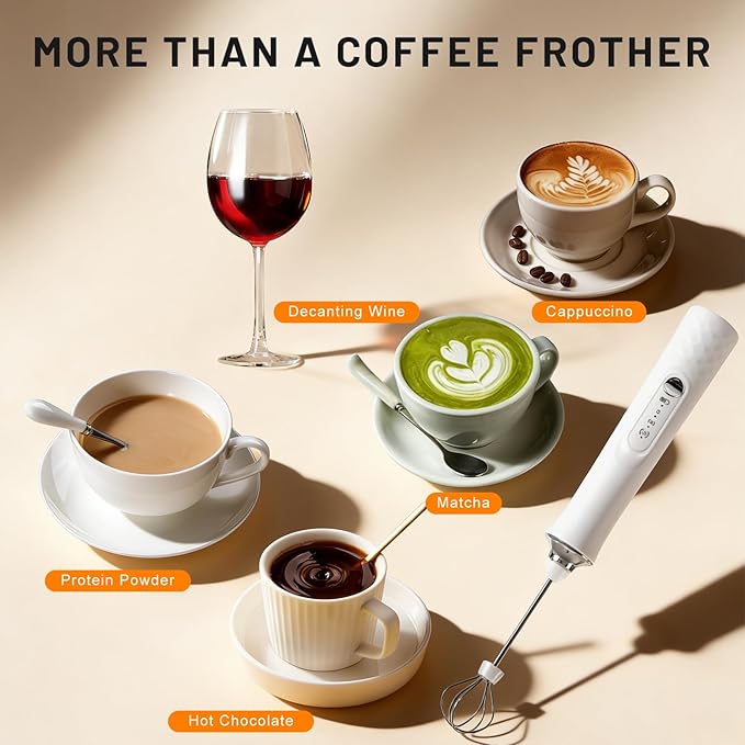 JFX Rechargeable Milk Frother Handheld with 3 Detachable, Rechargeable Coffee Frother Wand, 3 Speed Adjustable, Handheld Drink Mixer for Coffee, Lattes, Protein Shakes, Matcha, Egg with Storage Base