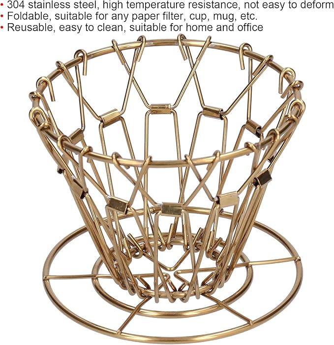 Collapsible Coffee Filter Stand, Gold Stainless Steel Pour Over Coffee Dripper Filter Holder Portable Reusable Coffee Dripper for Traveling, Camping, Hiking, Home, Office