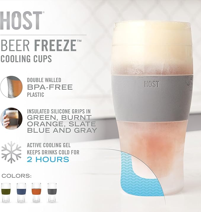 HOST Beer FREEZE Beer Glass Cups Set Drinking Glasses, Freezer Mugs with Gel Double Walled Cool Cups Plastic Multicolor 16oz Set of 4