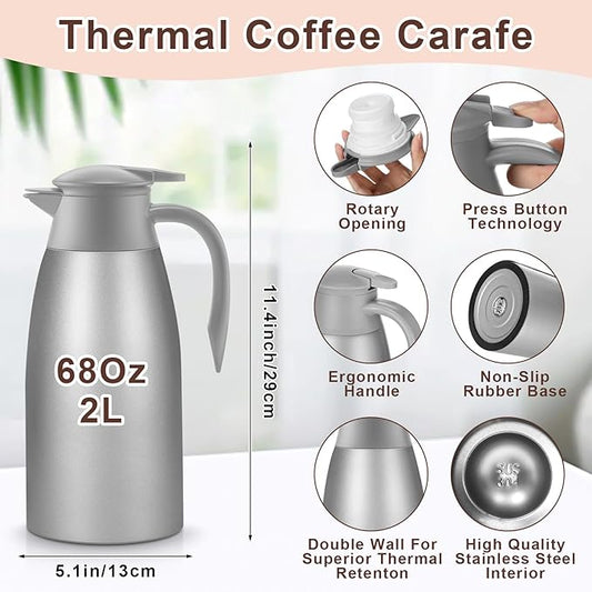 Norme 2 Pcs Thermal Coffee Carafe Insulated Stainless Steel Coffee Carafe for Hot Liquid Vacuum Thermal Pot Creamer Pitcher Dispenser with Brushes Keeping Hot Water Milk(Gray,68 oz)