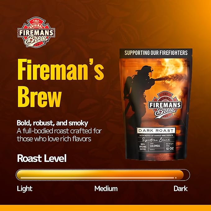 Firemans Brew Dark Roast Coffee – Bold & Robust Ground Coffee – 100% Arabica Beans, Rich, Full-Bodied Flavor – Freshly Roasted Gourmet Coffee – Low Acid, Small Batch Coffee – Supports Firefighter Causes