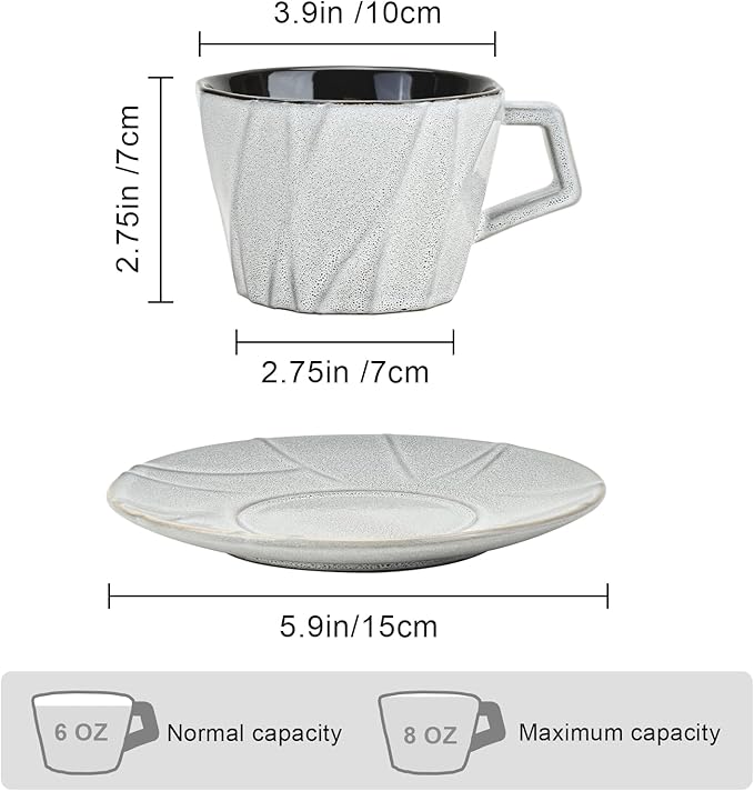 MyBudsBuzz Ceramic Espresso Cups with Saucers 6 oz,Coffe Cups for Cappuccino,Latte,Tea with Saucers Set of 2 - Geometry - Gray