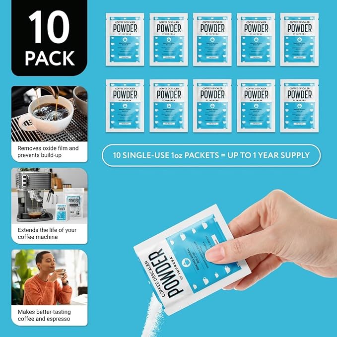 Impresa Descaling Powder & Coffee Machine Cleaning Powder for Breville, for Keurig, for Nespresso, for Delonghi, for Ninja & More - Espresso Machine Descaler - Pot & Coffee Maker Cleaner [10 Uses]
