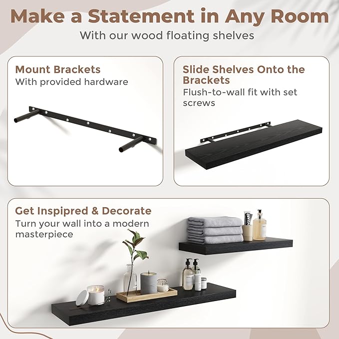 Floating Shelves for Wall with Invisible Brackets, Wall Mounted Engineered Wood Shelves with Wood Grain for Living Room, Bedroom, Bathroom, Kitchen Decor and Storage, Oak, 24"L Set of 2, Black