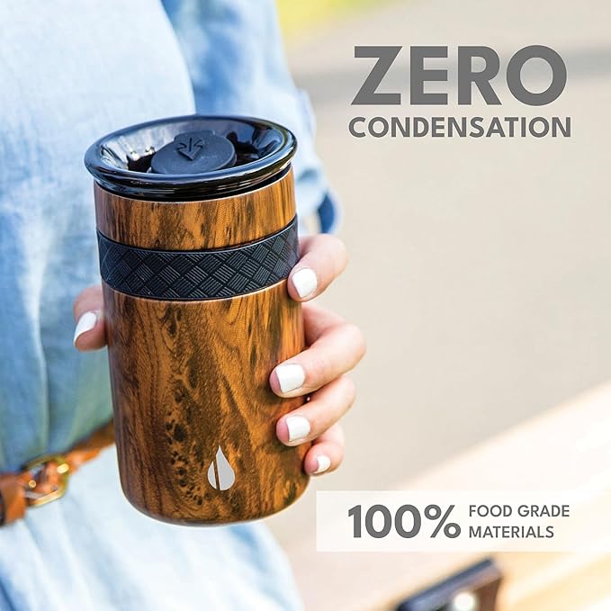 Elemental Artisan Insulated Tumbler, Triple Wall Coffee Travel Mug, Reusable Stainless Steel Coffee Tumbler with Ceramic Lid, Thermal Coffee Cups for Hot (6 Hrs) & Cold (18 Hrs), 12oz - Teak Wood
