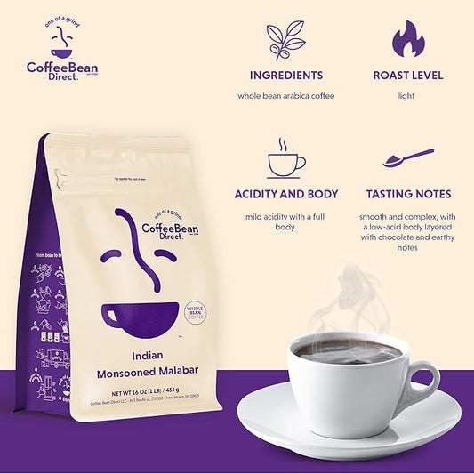 Coffee Bean Direct Indian Monsooned Malabar, Whole Bean Coffee, Light Roast, 1 Pound Bag (Pack of 1)