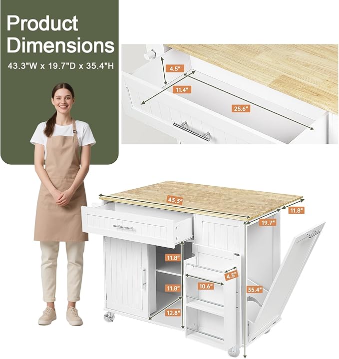 Kitchen Island with Storage, 43.3" Island Table for Kitchen with Widen Drop Leaf Rubberwood Top, Trash Can Storage and Towel Bar, Rolling Kitchen Island Cart on Wheels for Indoor Outdoor, White