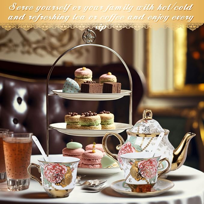 Zhehao 20 Pcs Porcelain Tea Set with Metal Holder and Spoon Adult Ceramic Tea Set European Flower Painting Teapot Cup Saucer Spoon for Women, Large Version (Bright Style)