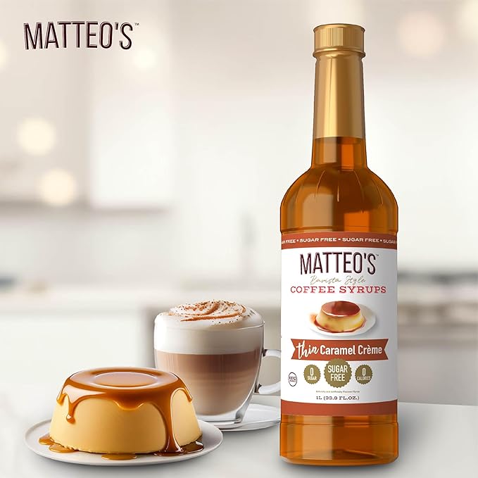 Matteo's Caramel Creme for Coffee, Lattes, Cappuccinos & Desserts – Sugar-Free Sweetener for Beverages, Keto Friendly, Zero Calories, Indulgent Flavor, Non-Alcoholic, Ideal for Hot Drinks 33.8oz (6pk)