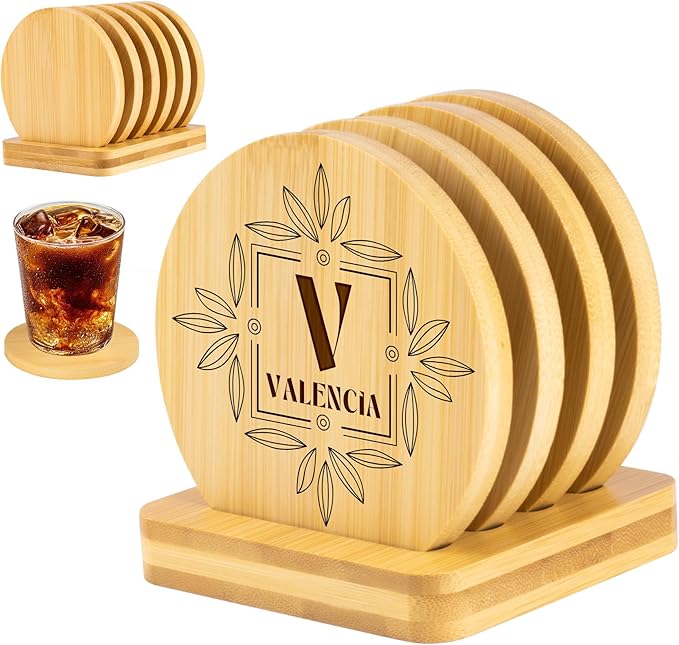 Custom Coasters, Bamboo Coasters Set of 4 Round, 3.7in Laser Engraved Personalized Coaster with Holder, Customized Housewarming Gifts Drink Coaster for Weddings, Bar Home Decor, Coffee Table Decor