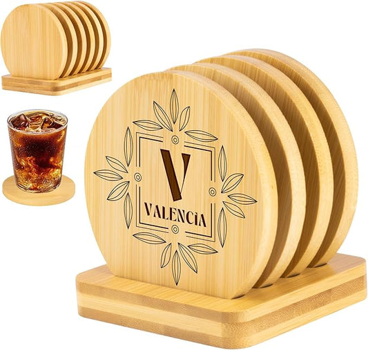 Custom Coasters, Bamboo Coasters Set of 4 Round, 3.7in Laser Engraved Personalized Coaster with Holder, Customized Housewarming Gifts Drink Coaster for Weddings, Bar Home Decor, Coffee Table Decor