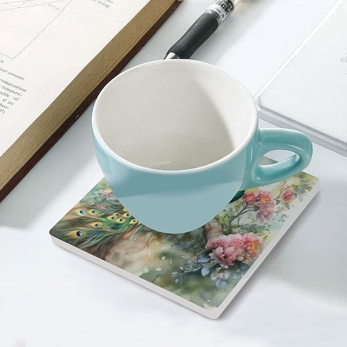 Peacock Drink Coasters, Square Ceramic Drink Coaster Square-6PCS, Vintage Watercolor Style Floral Beautiful Peacock Decor Absorbent Ceramic Coasters for Beverage Cup, Bar, Coffee Table