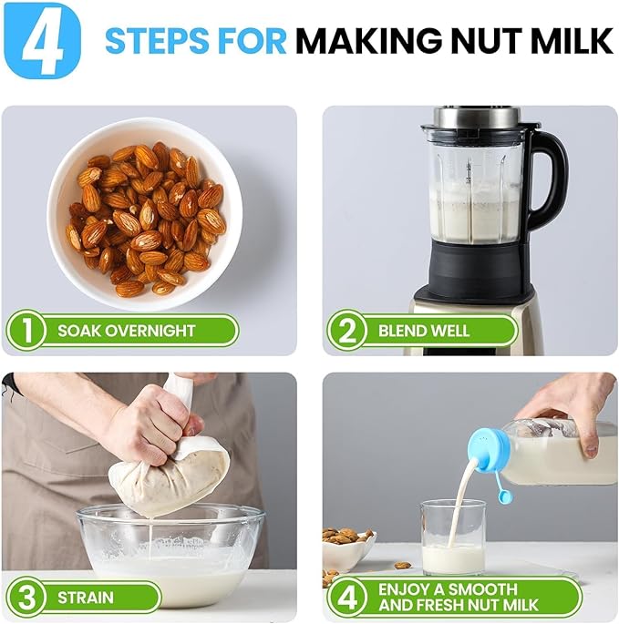 2 Pack 32 OZ Glass Milk Bottles with 2 Pour Spout Lids & 2 Nut Milk Bags & 2 Airtight Caps, Reusable Glass Bottles, Breast Milk Pitcher, Syrup, Honey, Water Jug, Juice Container for Refrigerator