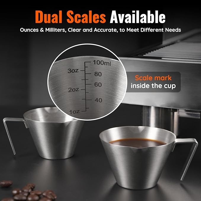 YARRAMATE 4 Pcs Stainless Steel Espresso Cups with Handle, Double Spout Metal Measuring Cup with Dual Scale, Espresso Shot cup with V-Shaped Mouth, 3.4OZ/100ML(Silver)
