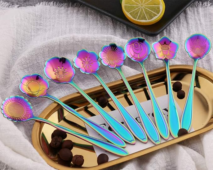 Stainless Steel Tableware Creative Flower Coffee, Sugar, Stir, Mix, Stir Bar, Tea, Cake, Sugar, Dessert Ice Cream Spoon Set of 8, Rainbow