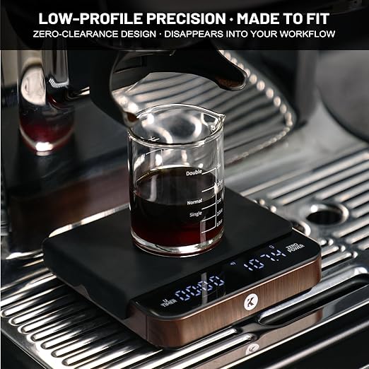 KitchenTour CaféMetric Coffee Scale with Timer 0.1g/2000g - Precision Small Scale for Espresso & Pour Over - Mini Scale with LED Display (Wood, AAA Battery)