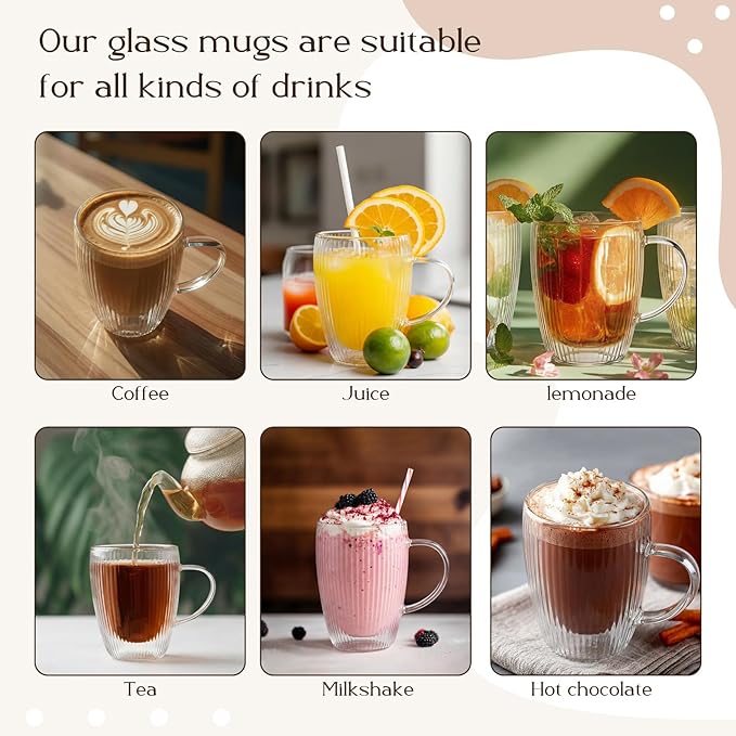 Zhehao 6 Pack Double Wall Glass Coffee Mugs with Handle 12 oz Clear Coffee Cups with Handle Insulated Glass Espresso Mugs Tea Cups for Latte Cappuccino Hot Chocolate