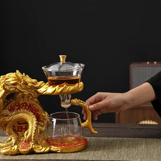 Glass Teapot Set with Infuser Semi Automatic Dragon Tea Set with 6 Small Cups (golden dragon-b)