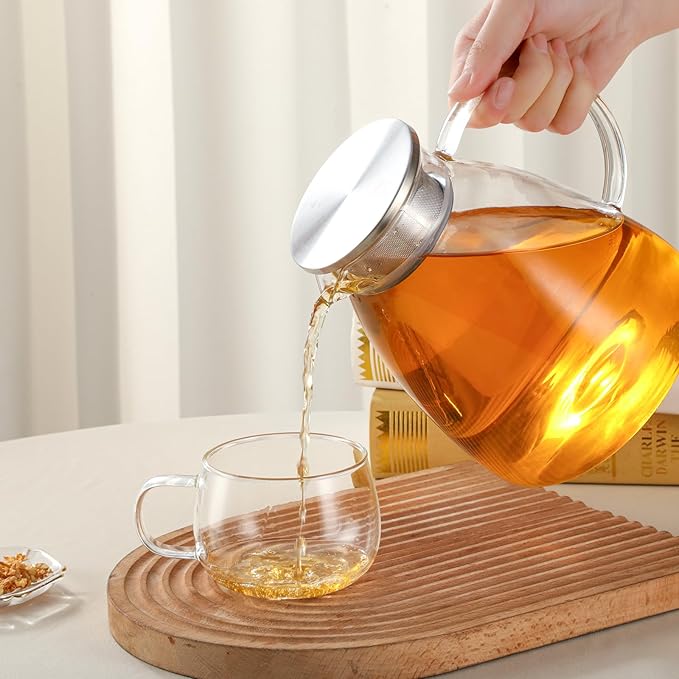 GURUDAR 68OZ/2000ML One Touch Glass Teapot with Stainless Steel Filter Lid, Stovetop & Microwave Safe Tea Maker Water Kettle, Strainer & Cover 2 in 1 Loose Leaf Tea Steeper Pot Coffee Carafe