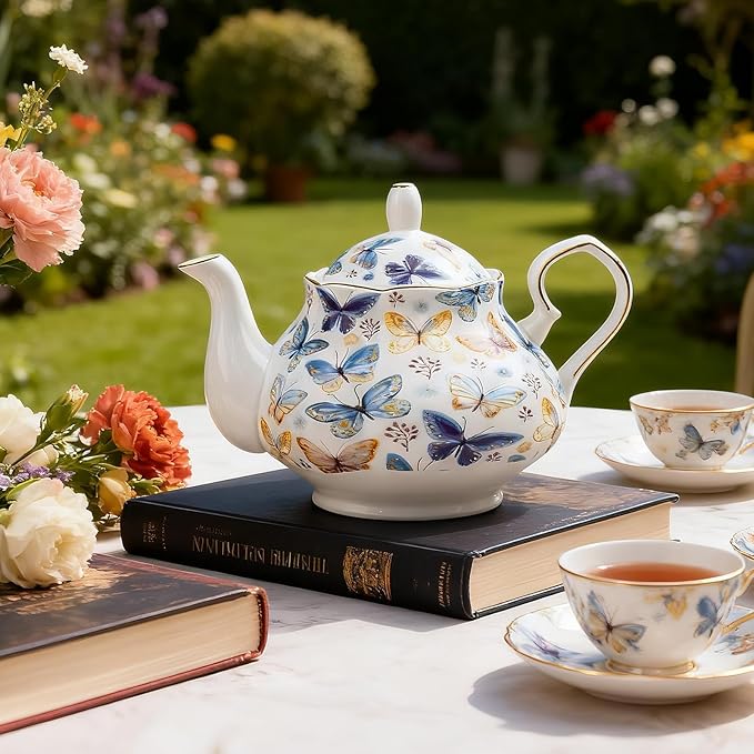33.8 oz Porcelain Tea Pot Luxury Gold Trim Floral Ceramic Teapot Waterpot Tea Maker for Blooming Loose Leaf Tea Coffee Milk Chrismas Women Gift Housewarming Home Kitchen Décor (Butterfly)