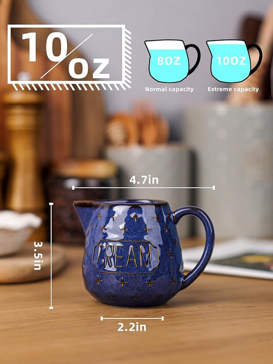 Creamer Pitcher,10 OZ Ceramic Creamer Pitcher with Handle for Milk, Sauces, Salad, Coffee, Farmhouse Kitchen Decor, Microwave & Freezer Safe (Vintage Blue)