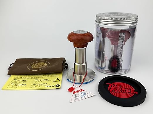 The Force Tamper Automatic Impact Adjustable Constant Pressure and Autoleveling Coffee Tamper Reddish Brown Jellyfish Wooden Handle Set Pro (Standard Set, 58.50mm)
