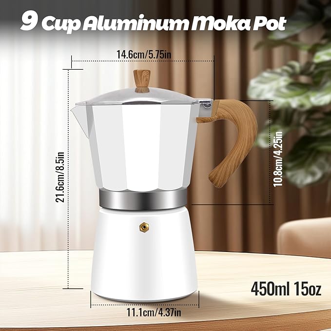 Vaolvpant 9 Cup Aluminum Moka Pot Classic Stovetop Espresso Coffee Maker 450ml 15oz Coffeemaker Percolator Mocha Express Preferred Cafe Makers for Italian and Cuban Café Brewing White