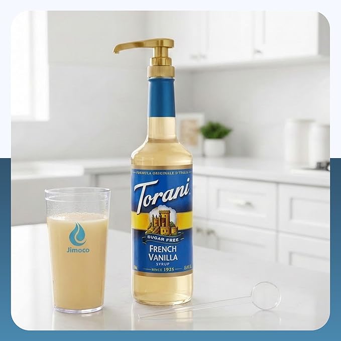 Jimoco Barista Set – Torani Sugar Free Salted Caramel & French Vanilla Syrups (25.4 oz Each) with 2 Jimoco Syrup Pumps, Reusable Cups, Straws & Stirrers – Coffee, Italian Soda & Cocktail Flavoring Kit