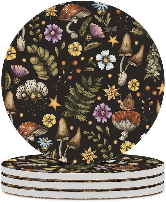 Round-4PCS Botanical Ceramic Coasters, Round Absorbent Drink Coasters, Cartoon Botanical Floral Rustic Plant Leaves Mushroom Ceramic Table Coasters for Coffee, Beverage, Wine, Beer Coasters