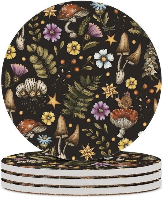 Round-4PCS Botanical Ceramic Coasters, Round Absorbent Drink Coasters, Cartoon Botanical Floral Rustic Plant Leaves Mushroom Ceramic Table Coasters for Coffee, Beverage, Wine, Beer Coasters