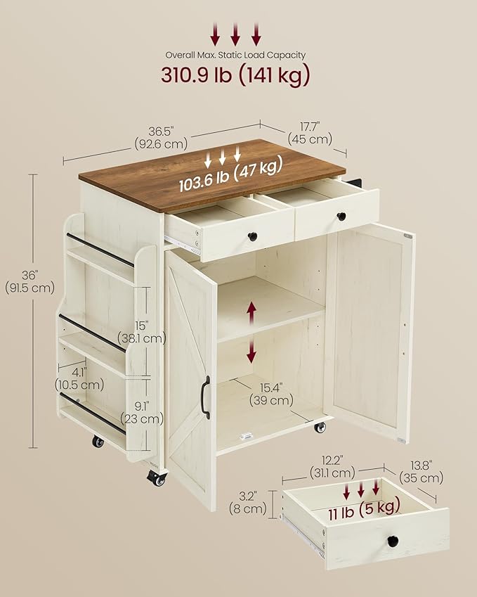 VASAGLE Mobile Kitchen Island, Portable Island with Spice Rack, Mobile Cart with Storage Cabinet, 17.7 x 36.5 x 36 Inches, for Dining Room, Rustic White and Honey Brown UKKI008W01