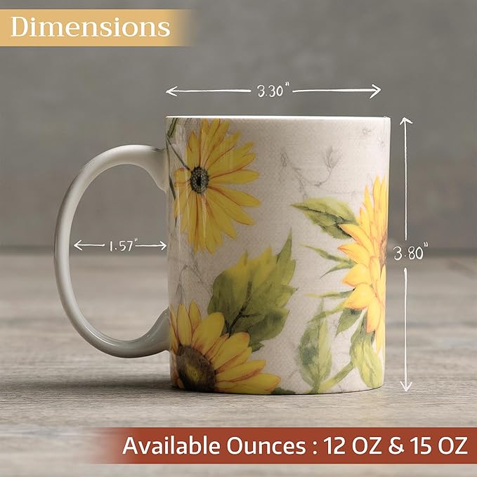 Maison d' Hermine Coffee Mug with Handles Fine Bone China Mugs Pack of One Tea Cups for Hot Beverages Cappuccino Latte Home Restaurant Office Perfect for Gift (Candice - Helianthe, 15 Ounce)