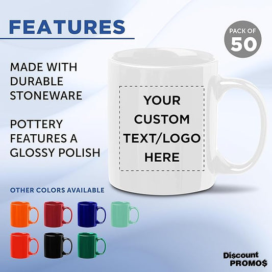 Custom Ceramic Coffee Mugs 11 oz. Set of 50, Personalized Bulk Pack - Coffee cup set, Iced coffee cup, Gaming mug - White