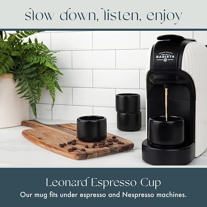 Folk Ceramics Leonard Ceramic Espresso Cups | Modern Stackable Demitasse Mugs for Espresso | Thick Walled, Handleless, Durable, Dishwasher & Microwave Safe | Set of 2, 3oz | Matte Black