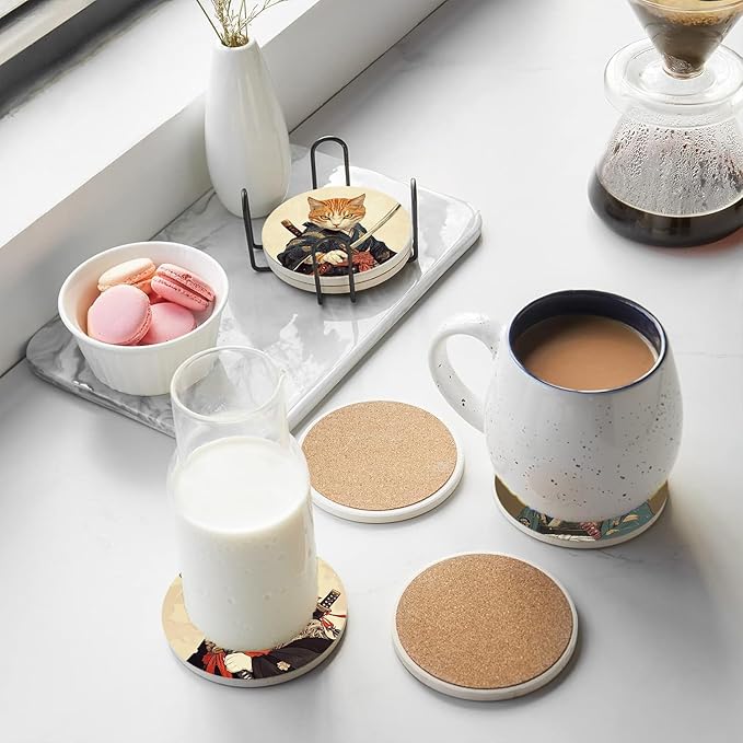 Ninja Cat Coasters Set of 8 Ceramic Cat Lover Gift Coasters with Holder for Table Bar Desk Anime Cat Decor