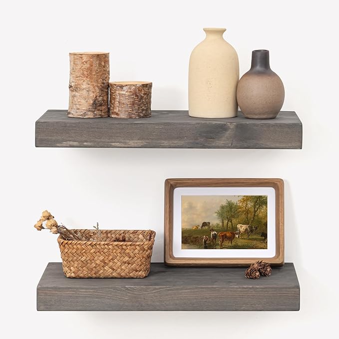 Marsmiles Floating Shelves for Wall - Small Grey Wood Floating Shelves Set of 2-16 Inch Wide x 7.7 Inch Deep x 1.6 Inch Thick Rustic Grey Wooden Shelves for Room Wall