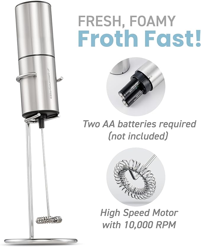 Elite Gourmet EMF9SS Cordless, Battery Operated, Milk Frother, Power Button, Food Grade Stainless Steel Whisk, Vertical Stand, Lattes, Cappuccinos, Matcha, Hot Chocolate, Iced Coffee, Stainless Steel