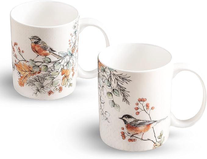 Maison d' Hermine Coffee Mug with Handles Fine Bone China Mugs Pack of Two Tea Cups for Hot Beverages Cappuccino Latte Home Restaurant Office Perfect for Gift (Whitish Shabby Chique, 15 Ounce)