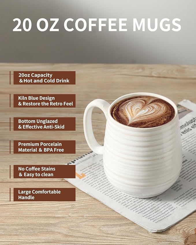 HASENSE Large Coffee Mug,20 oz Ceramic Tea Cup for Office and Home, Big Coffee Mug with Handle for Latte Coffee Tea Soup, Dishwasher and Microwave Safe, 1 PCS (Clay-Infused White)