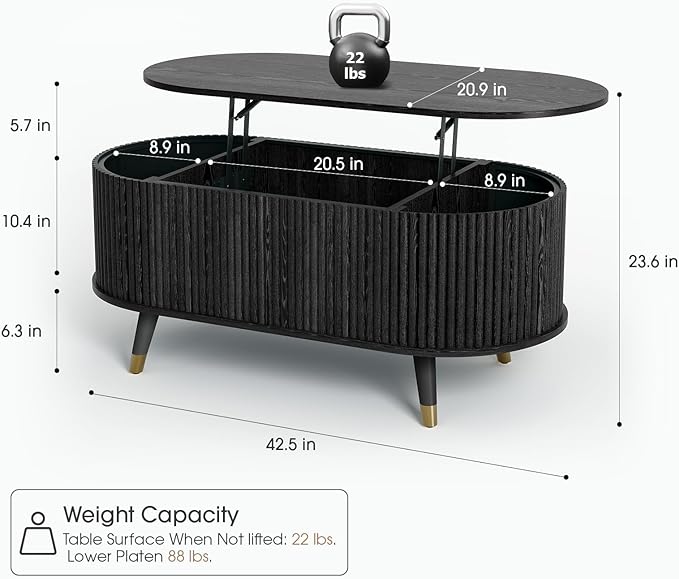 42.5" Oval Lift Top Coffee Table with Storage,Modern Black Center Table with Fluted Design, Solid Wood Legs & Hidden Compartment, Pop Up Cocktail Table for Living Roomm