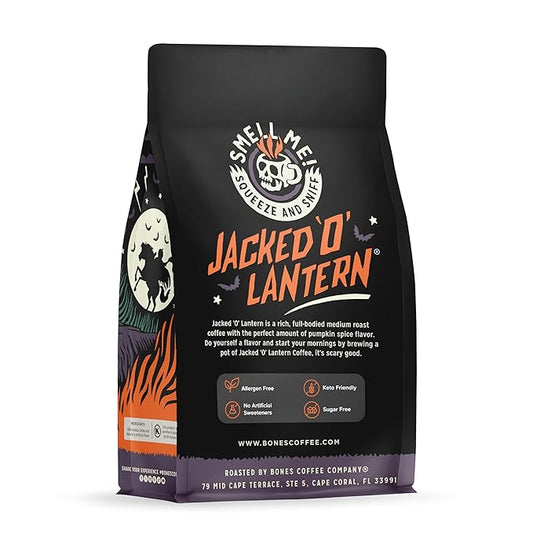 Bones Coffee Company Jacked 'O' Lantern, Pumpkin Spice Flavored Coffee, Medium Roast Low Acid Arabica Beans Compatible with Auto drip and French Press Coffee Maker, 12 Oz Whole Bean