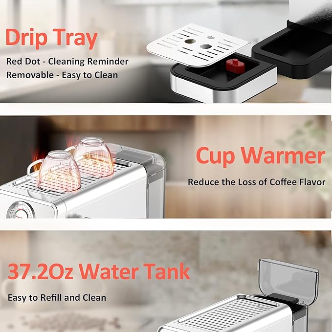 20 Bar Espresso Machine, Adjustable Espresso Machine with Milk Frother, Espresso Maker with Removable Water Tank, Compact Size for Home & Office, Cup Warmer for Home Barista