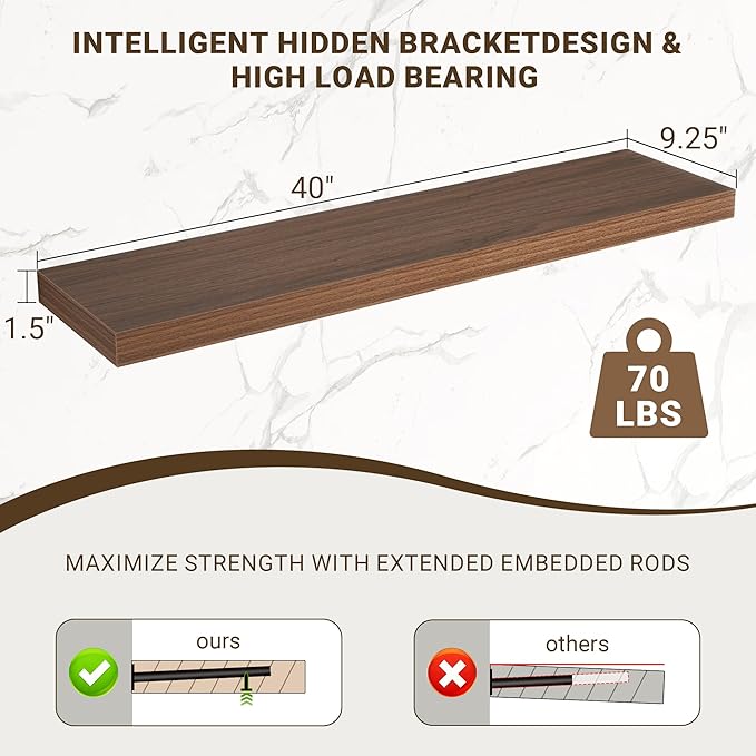 40 Inch Floating Shelves, 3D Textured Wood Grain, 40"x9.25"x1.5" Inch Deep Floating Shelves for Wall, Wooden Shelves for Bathroom, Bedroom, Living Room, Walnut, 1 Piece
