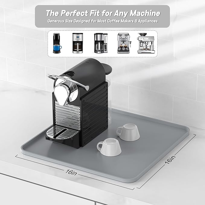 Garolue Silicone Coffee Mat,16"×16" Waterproof Heat Resistant Bar Mat for Espresso Machine Station Accessories,Non Slip Dish Drying Mat for Kitchen Counter,Home Decor Essentials,Grey