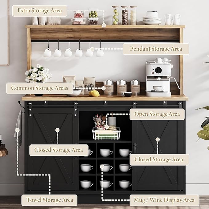 4ever2buy Farmhouse Coffee Bar Cabinet with Hutch, 47 Inch Buffet Cabinet with Storage, Wine Bar with 9 Wine Racks and 6 Hooks, Coffee Bar Table with Adjustable Shelves for Living Dining Room, Black